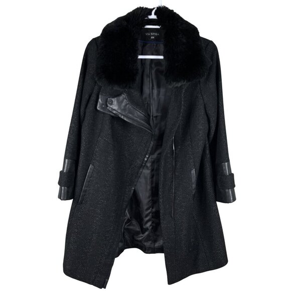Via Spiga Women 16W Black Wool Blend Faux Fur Collar Asymmetrical Coat Old Money - Picture 6 of 16